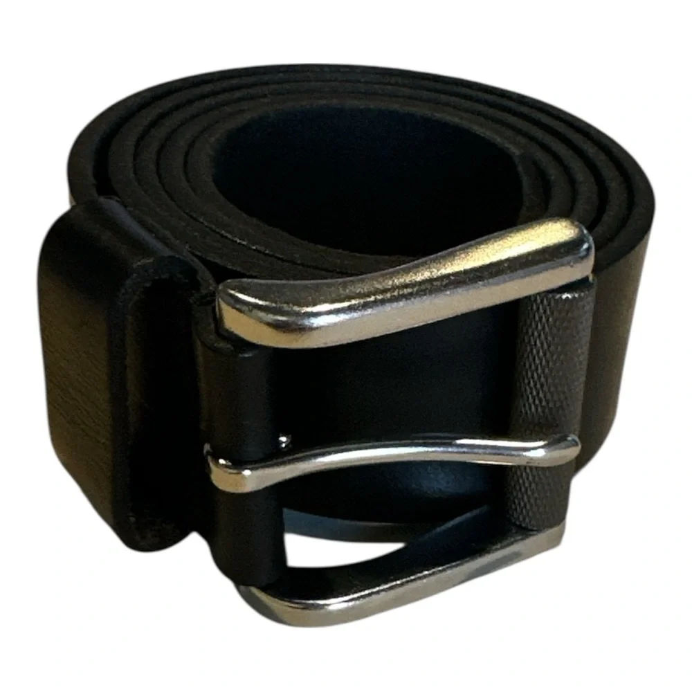 Men's Classic Black Leather Belt Size 36 Silver Buckle Jeans Trouser